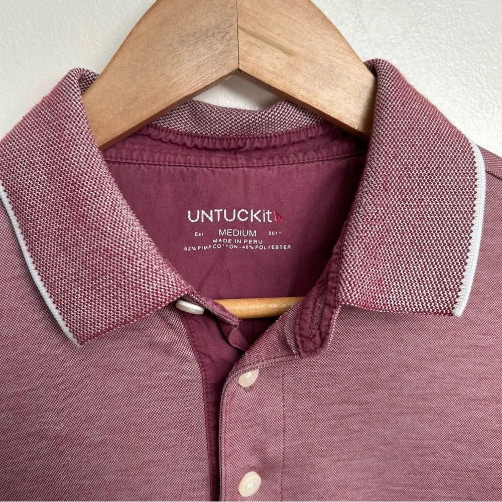 UNTUCKit Mens Beaux Long-Sleeve Tipped Polo Shirt Heathered Red/Pink Size Medium - Picture 3 of 11